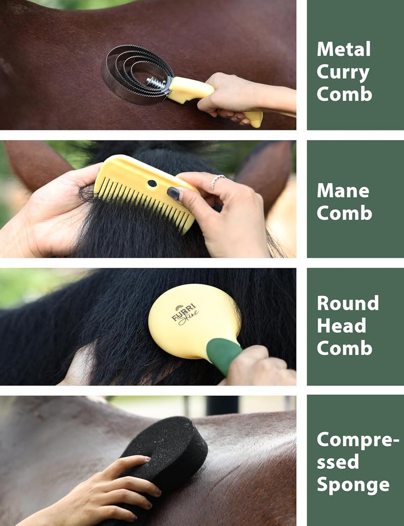 Furrishine 9PCS Horse Grooming Kit Curry Comb Sweat Scraper Horse Bathing Supplies Grooming Tools with Storage Bag Pasture Glow - Image 4